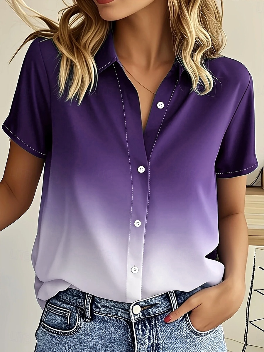 Damenhemd Langarm Button-Down-Bluse Einfarbig Ombre Grafik Vintage Tropisch Tägliches Kurzarmhemd Kragen Reguläre Oberteile Täglich Hellgrün Blau Lila Sommer Herbst 2025 - $24.99 –P5