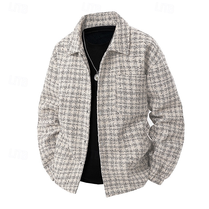 2025年 男性用 軽量ジャケット カジュアルジャケット バケーション 日常 保温 ポケット 秋 冬 チェック ファッション クラシック ラペル レギュラー ブラック カーキ色 グレー ジャケット  コレクション – $52.99 –P10