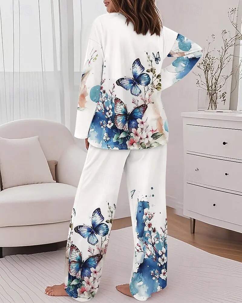 Femmes Mode T-shirt Ensembles de Pantalons manche longue Col rond Fleuri Graphique Papillon Imprimé Décontracté Quotidien Bleu Printemps Coupe régulière de 2025 ? $33.99 –P2
