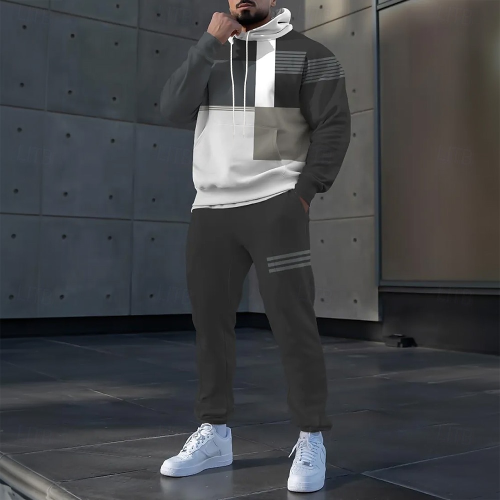Men's Geometric Color Block 2pcs 3D Sweatshirt Sets Tracksuit Hoodie Sweatshirt Long Sleeve Long pants Hooded Sporty Casual Daily Athleisure 3D Print Color Block Spring Fall Winter Grey 2025 - $39.99 –P1