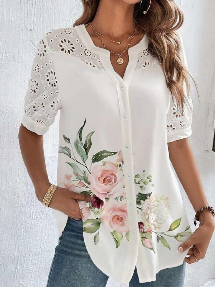 Pentru femei Cămașă Bluză Floral Stilat Casual Manșon scurt Guler Cămașă Topuri obișnuite Zilnic Dantelă Peteci Nasturi Roz Îmbujorat Albastru piscină Vară Primăvară 2025 - $29.99 –P1
