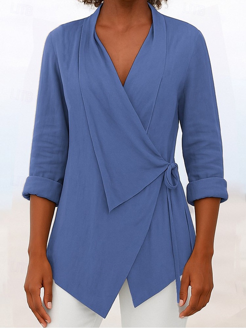 Women's Blouse Solid Color Elegant Stylish Basic Long Sleeve V Neck Regular Tops Daily Holiday Tie Front Black Pink Blue Brown Gray Summer Fall 2025 - $28.99 –P2