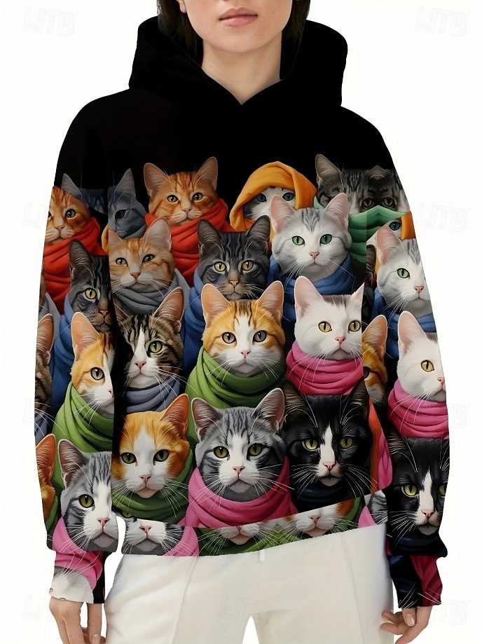 Damen Kapuzenpullover Grafik Tiermotiv Katze Vintage Mode Western Langarm Mit Kapuze Normale Oberteile Straße Alltagskleidung Lässig Druck Fronttasche Schwarz Herbst Winter 2025 - $24.99 –P2