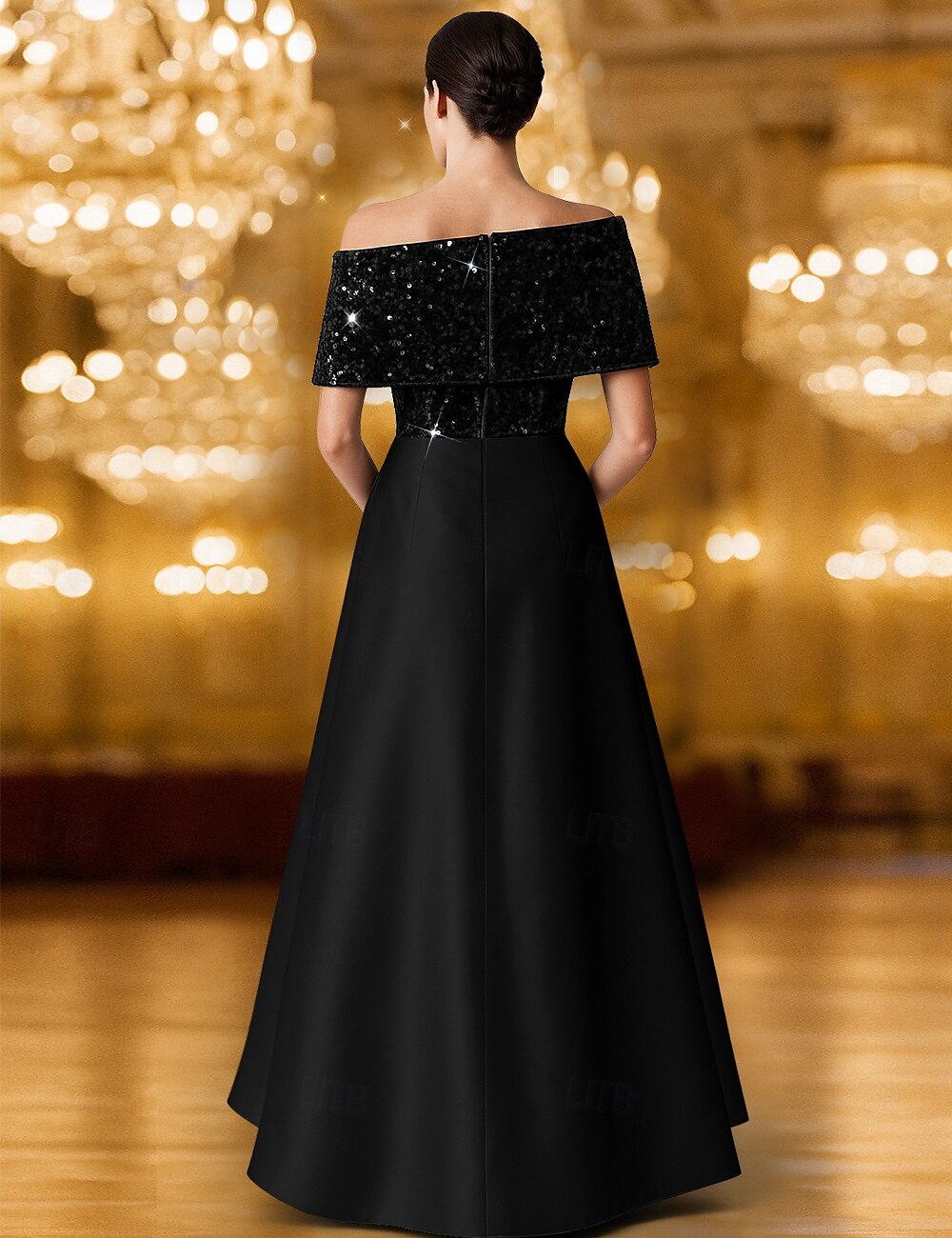 Robe de soirée trapèze à paillettes et cravate noire, élégante, longueur au sol, manches courtes, une épaule, poche, satin extensible avec châle pailleté, 2025 de 2025 ? $142.99 –P3