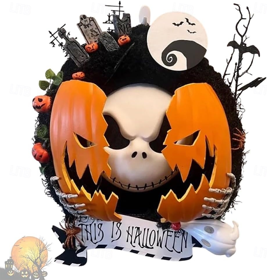 2025年 ハロウィーンの悪夢のようなカボチャのリース、恐ろしいカボチャのコウモリと墓地のガーランドの装飾、屋内、屋外、壁、クローゼット、フェンス、窓、農家用  コレクション – $49.99 –P2