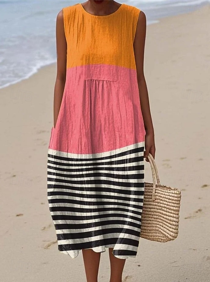 Mulheres Vestido midi Vestidos Para o Verão Vestido de turno Vestido A Line Férias Casual Boho Para Noite Praia Ajuste Largo Gráfico Geométrica Sem Manga Crewneck Rosa Rosa Escuro Azul Roxo Verão de 2025 por $35.99 –P4