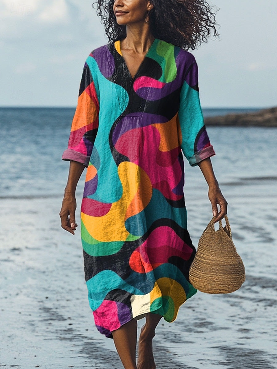 Dam Midi Klänning V-hals Lång ärm Kaftan Lätt Loose Fit A-linje Klänning Avslappnad Utgång Loose Fit Grafisk Geometrisk Lång ärm V-hals Mörkröd Gul Blå Grön Höst 2025 - $35.99 –P1