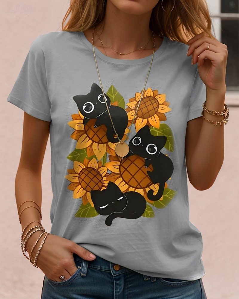 Femmes T-shirt Chemise en coton Graphique Chat ancien Élégant Classique Manche Courte Col ras du cou Col rond Hauts Réguliers Quotidien Imprimé Noir Blanche Bleu Gris Été Printemps de 2025 ? $19.99 –P3