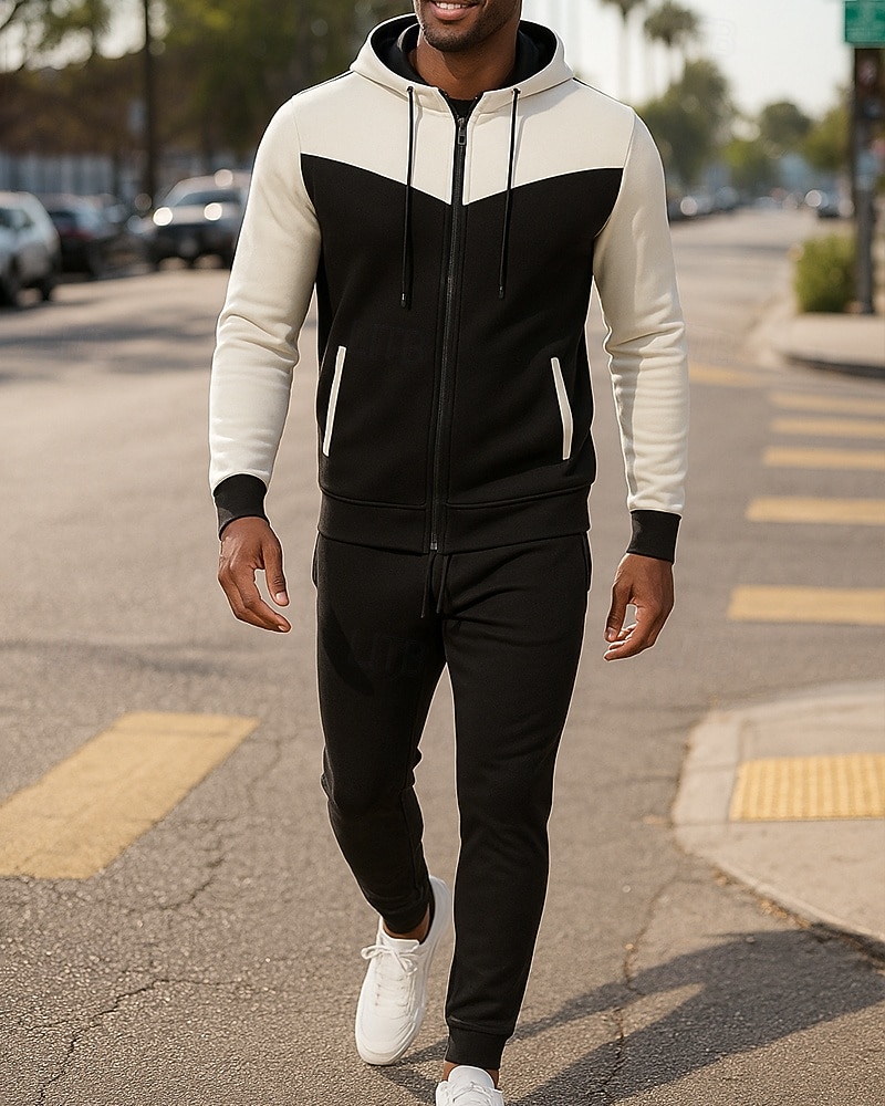 Муж. Спортивный костюм Штаны Куртка с капюшоном Капюшон Карман на молнии Контрастных цветов Наборы одежды Наступила зима Белый Военно-зеленный Тренажерный зал Тренировки Бег С защитой от ветра 2026 - $38.99 –P1