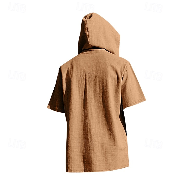 Men's Shirt Linen Shirt Popover Shirt Casual Shirt Cotton Shirt Plain Vacation Street Black White Navy Blue Brown Short Sleeve Hooded Summer Clothing Apparel Lace up 2025 - $22.99 –P4
