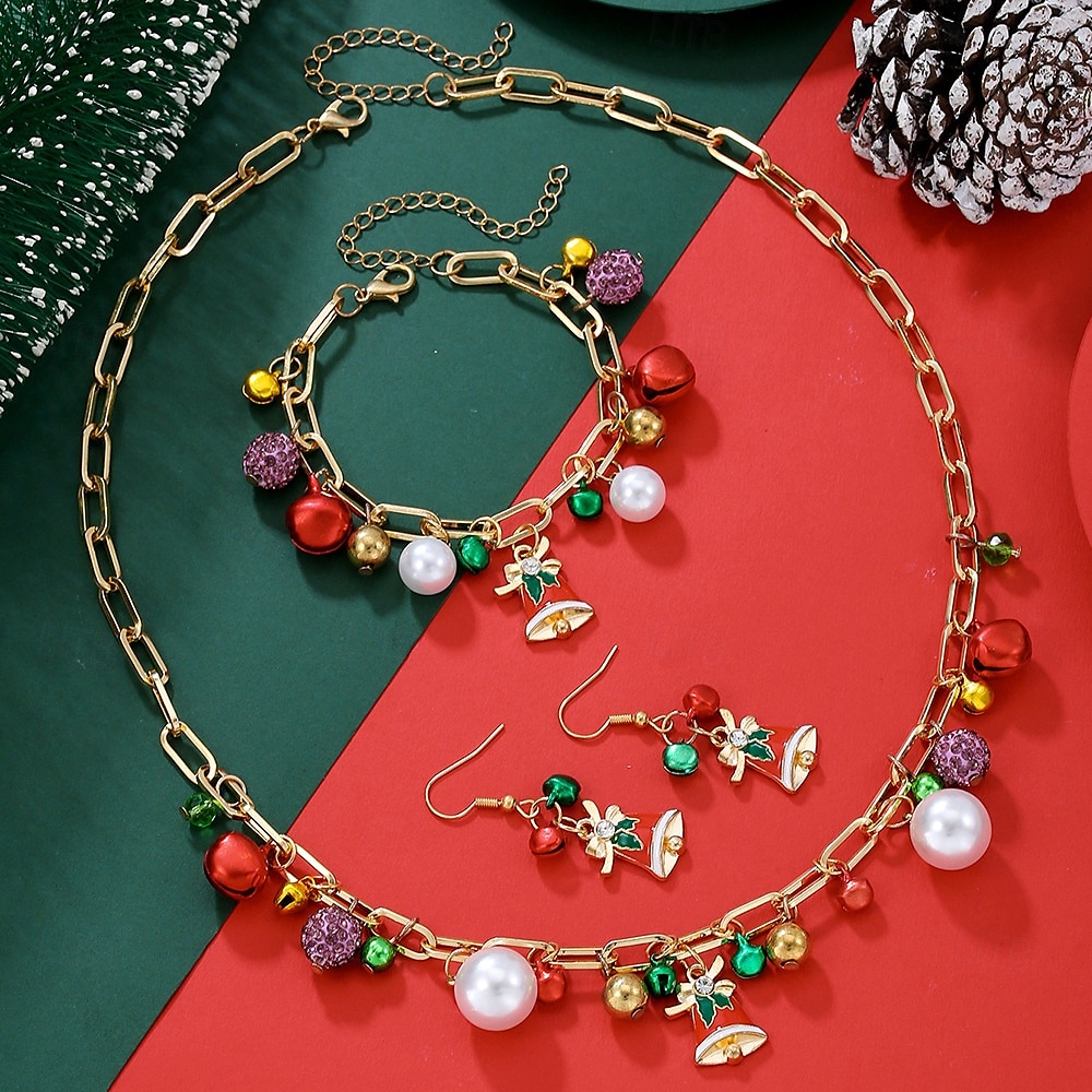 Conjunto de joias com pingentes de Natal para mulheres - colar de corrente de ouro, pulseira e brincos com sino festivo e pingentes de pérola, acessórios elegantes para festas de fim de ano para de 2025 por $9.99 –P3