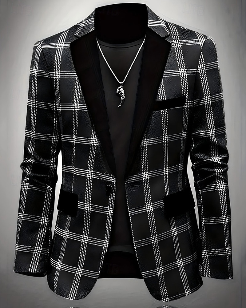 Herren Blazer Geschäft Cocktailparty Hochzeitsfeier Mode Lässig Frühling Herbst Polyester Karomuster Tasche Knöpfe Bequem Einreihig Blazer Schwarz Blau Braun 2025 - $58.99 –P6