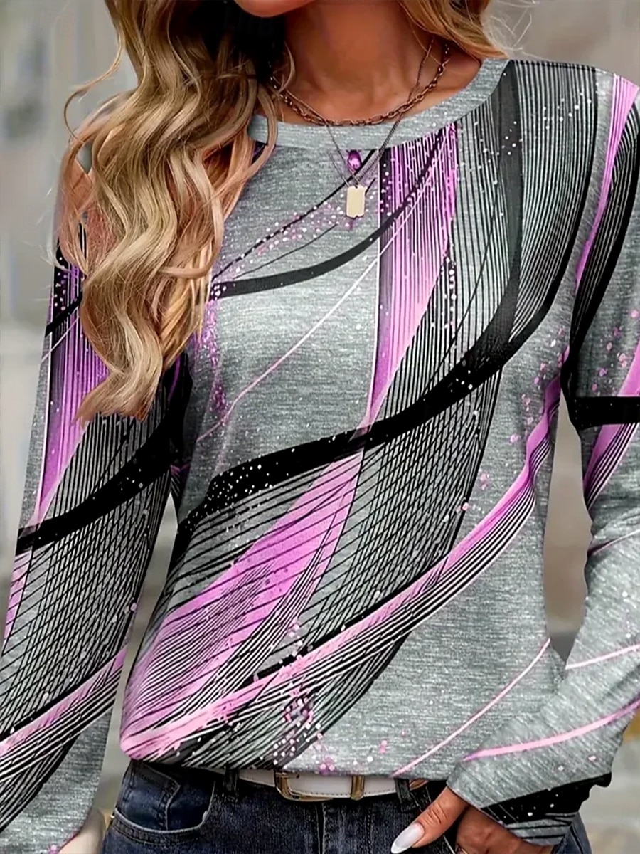 Camiseta de Mujer de Manga Larga con Cuello Redondo Túnica Gráfica Geométrica Rayas Vintage Elegante Tops Regulares para el Día a Día Impresión en Púrpura Otoño Prefall 2026 - $24.99 –P2
