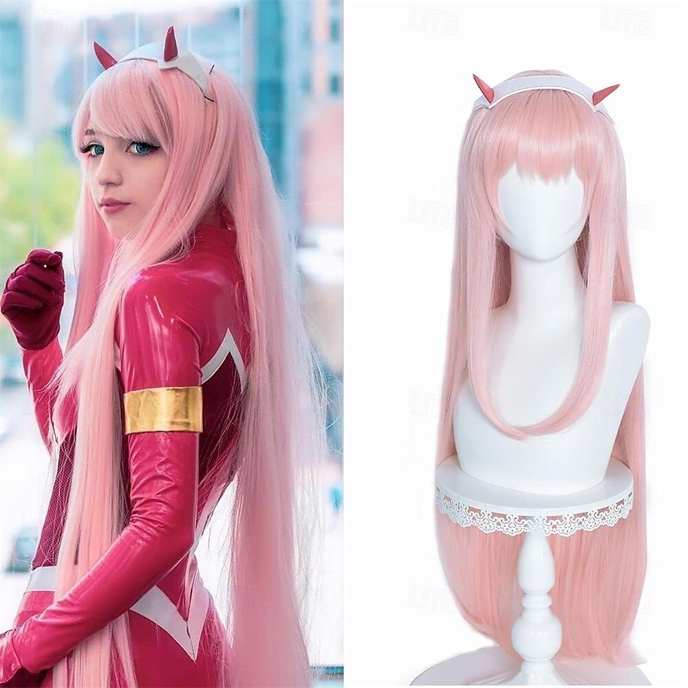 Perruque rose pastel longue et raide pour femme, cosplay anime Zero Two 02, avec corne, 99 cm de 2025 ? $26.99 –P1