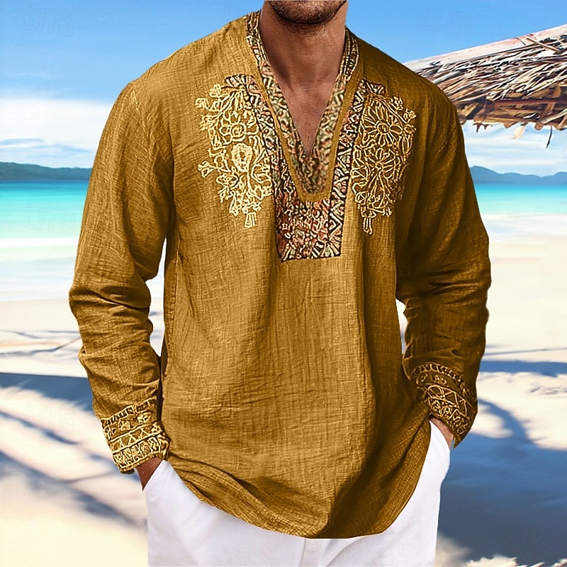 Męskie Koszula lniana Koszula Popover Letnia koszula Stroje plażowe Koszula w stylu vintage Koszula etniczna Kwiatowy Urlop Codzienny Żółty Niebieski Pomarańczowy Brązowy Długi rękaw W serek Lato 2026 - $23.99 –P10