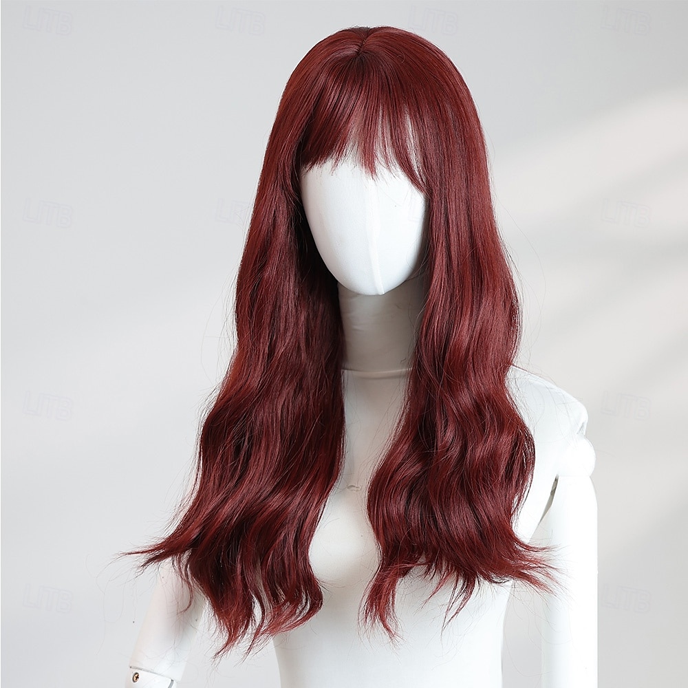 Peluca ondulada color burdeos de 20 pulgadas para mujer: flequillo completo, cabello largo, ideal para Halloween, cosplay y estilos de moda actuales. 2025 - $32.99 –P4