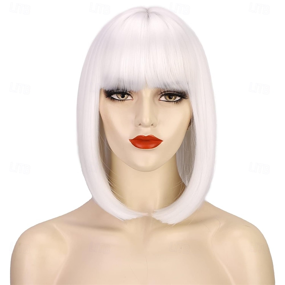 Rovná bílá paruka s ofinou 30 cm krátké bílé bob paruky pro ženy syntetické barevné cosplay párty paruka 2025 - $23.99 –P5