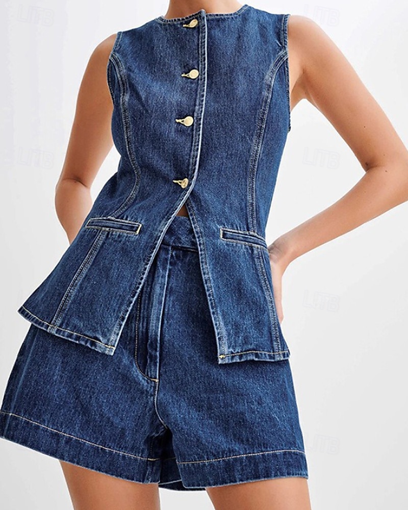 Women's Active Fashion Blouse Shorts Sets Sleeveless Crew Neck Solid Color Split Thigh Vacation Casual Daily Blue Summer Regular Fit 2025 - $48.99 –P2