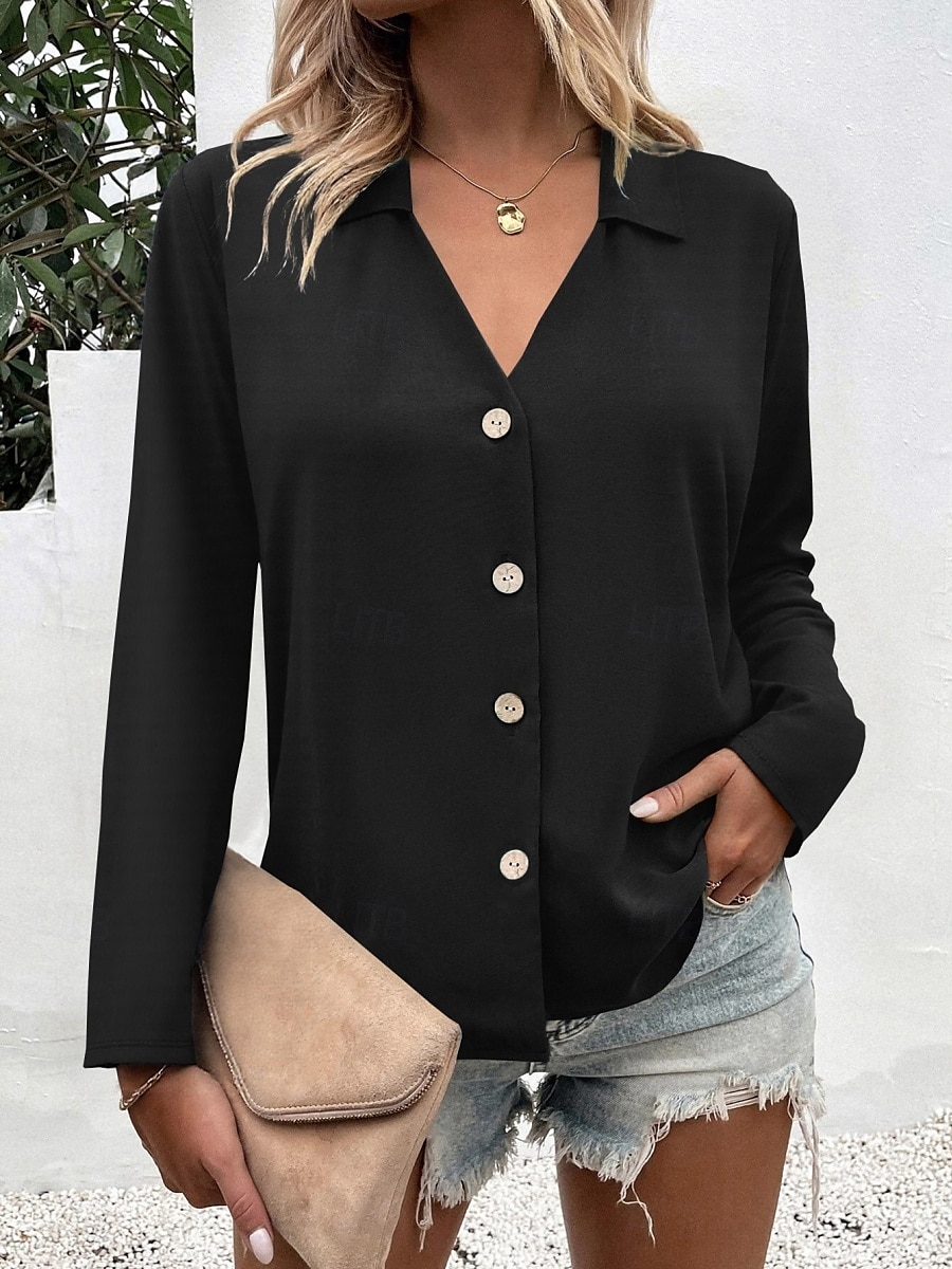 Camicia da donna con bottoni blusa unicolore elegante casual a maniche lunghe scollata a V colletto regolare eleganti quotidiani stampa nera bianca blu fucsia estate primavera del 2025 a $21.99 –P4