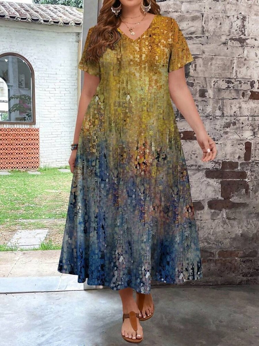 Damen Übergröße Freizeitkleid Ombre V Ausschnitt Kurzarm Sommer Frühling Mode Modern Lässig Maxikleid Ferien Wochenende Kleid 2025 - $28.99 –P9