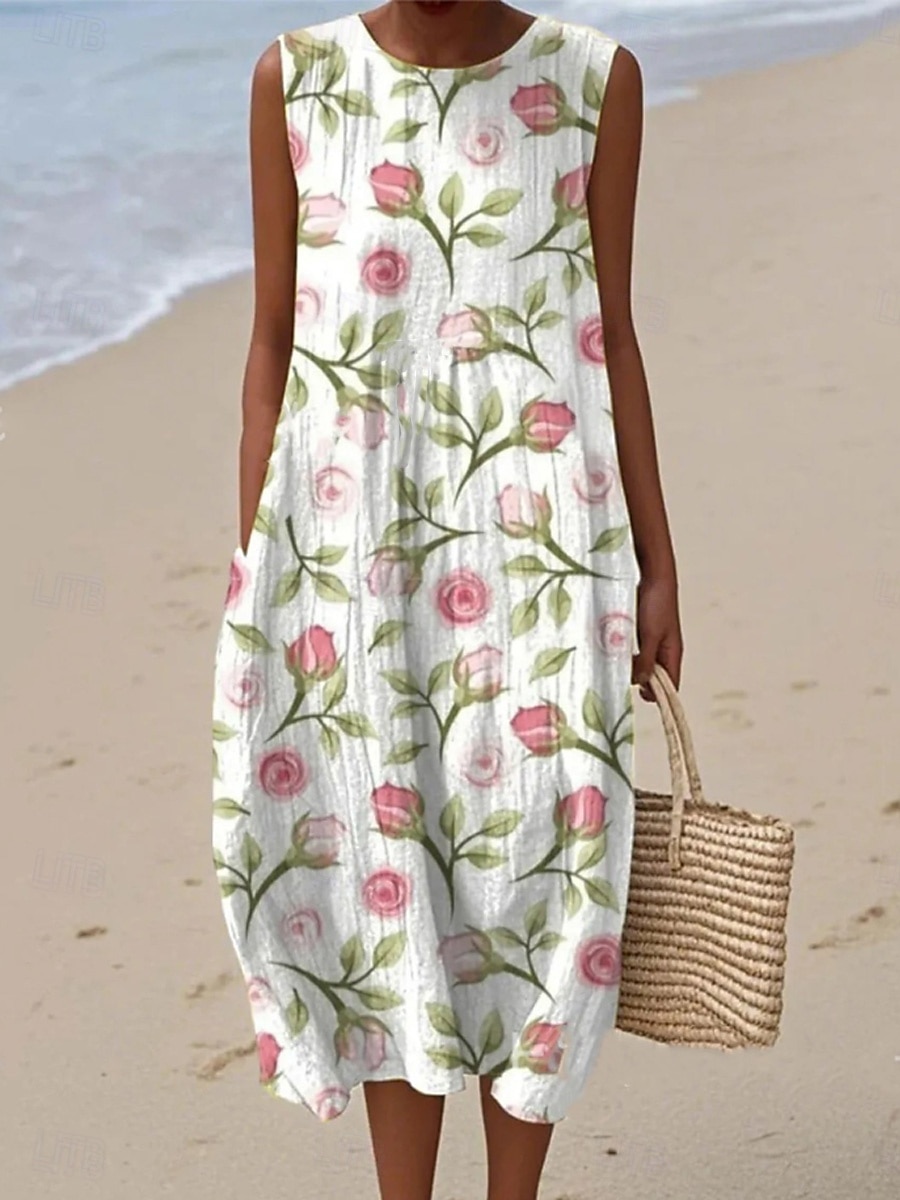 Damen Midi Kleid Leinenähnliches Maxikleid Urlaub Casual Boho Ausgehen Floral Grafik Ärmellos Rundhals Weiß Blau Orange Grün Sommer Frühling 2026 - $39.99 –P2