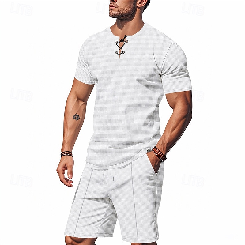 Per uomo Camicia a nido d'ape Completi T-shirt Outfit 2 pezzi Maglietta e pantaloncini Manica Corta Scollo a V Estate Semplice Moda Casual Allacciato 2 Pezzi Vacanza Abbigliamento quotidiano Uscire del 2025 a $28.99 –P10