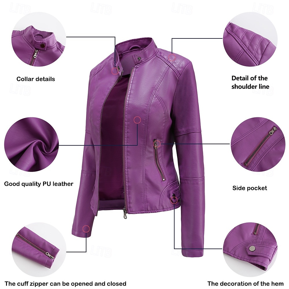 Women's Faux Leather Jacket Comfortable Pocket Full Zip Fashion Street Style Plain Outdoor Casual Daily Regular Stand Collar Regular Fit Long Sleeve Outerwear Black Red Camel Spring Fall 2025 - $44.99 –P16
