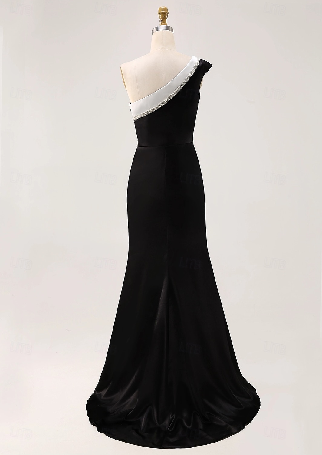 Rochie de seară elegantă, tip sirenă, alb-negru, de mireasă, formală, lungime până la podea, fără mâneci, model crepe elastic pe un umăr, cu sclipici, încrețit, 2025 2025 - $147.99 –P3