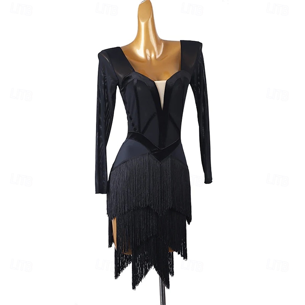 Danse Latine Robe Épissage Femmes Performance Entraînement Soirée manche longue Haut Nylon de 2025 ? $133.99 –P9