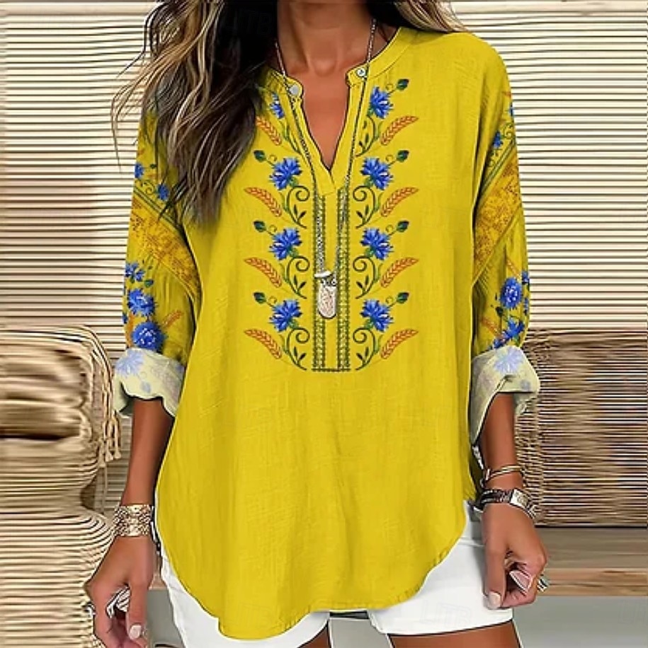 Pentru femei Bluză Floral Grafic Elegant Epocă Stilat Manșon Lung În V Topuri obișnuite Zilnic Concediu Imprimeu Galben Albastru piscină Mov Vară Primăvară 2025 - $24.99 –P3