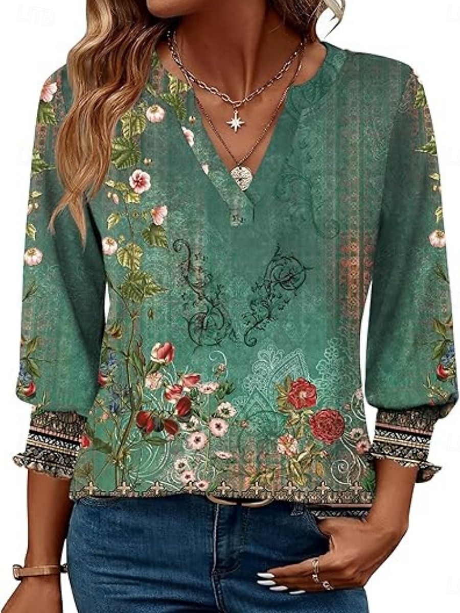 Dame Bluse Ruter Stilfull Fritid 3/4 ermer Crew-hals Vanlige topper Daglig Trykt mønster Gul Grønn Kakifarget Sommer Vår 2025 - $21.99 –P6