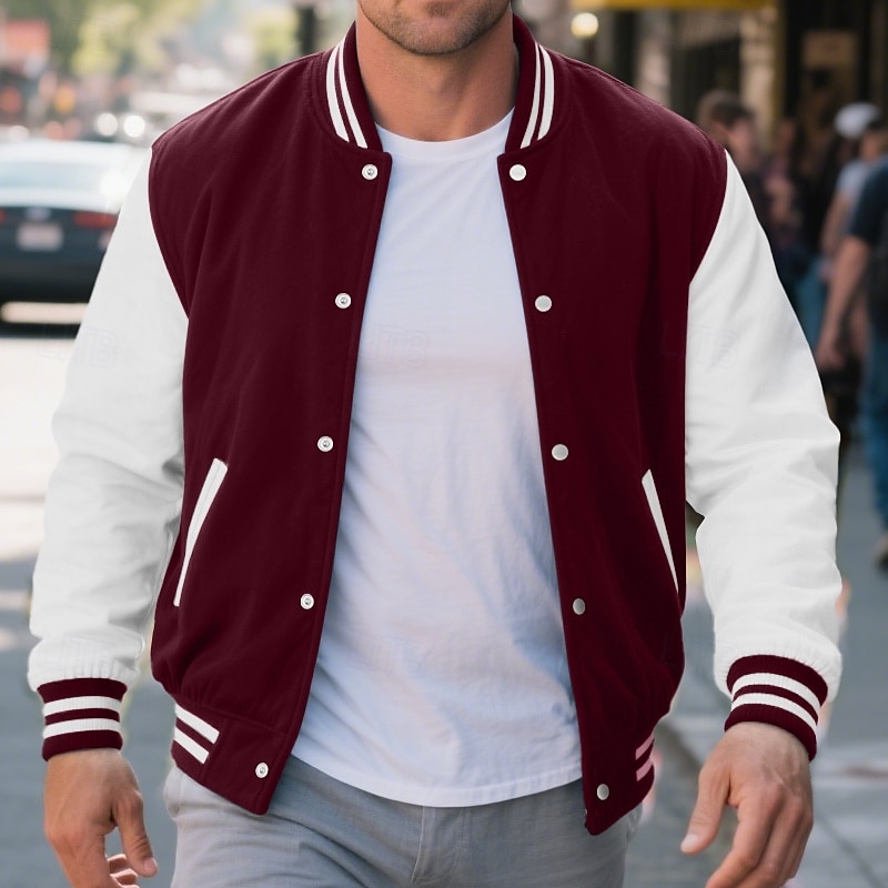 Herren Leichte Jacke Bomberjacke Collegejacke Urlaub Lässig Warm Tasche Farbblock Herbst Winter Farbblock Mode Klassisch Stehkragen Kurz Schwarz Rote Burgunderrot Marineblau Königliches Blau Jacken 2025 - $39.99 –P5