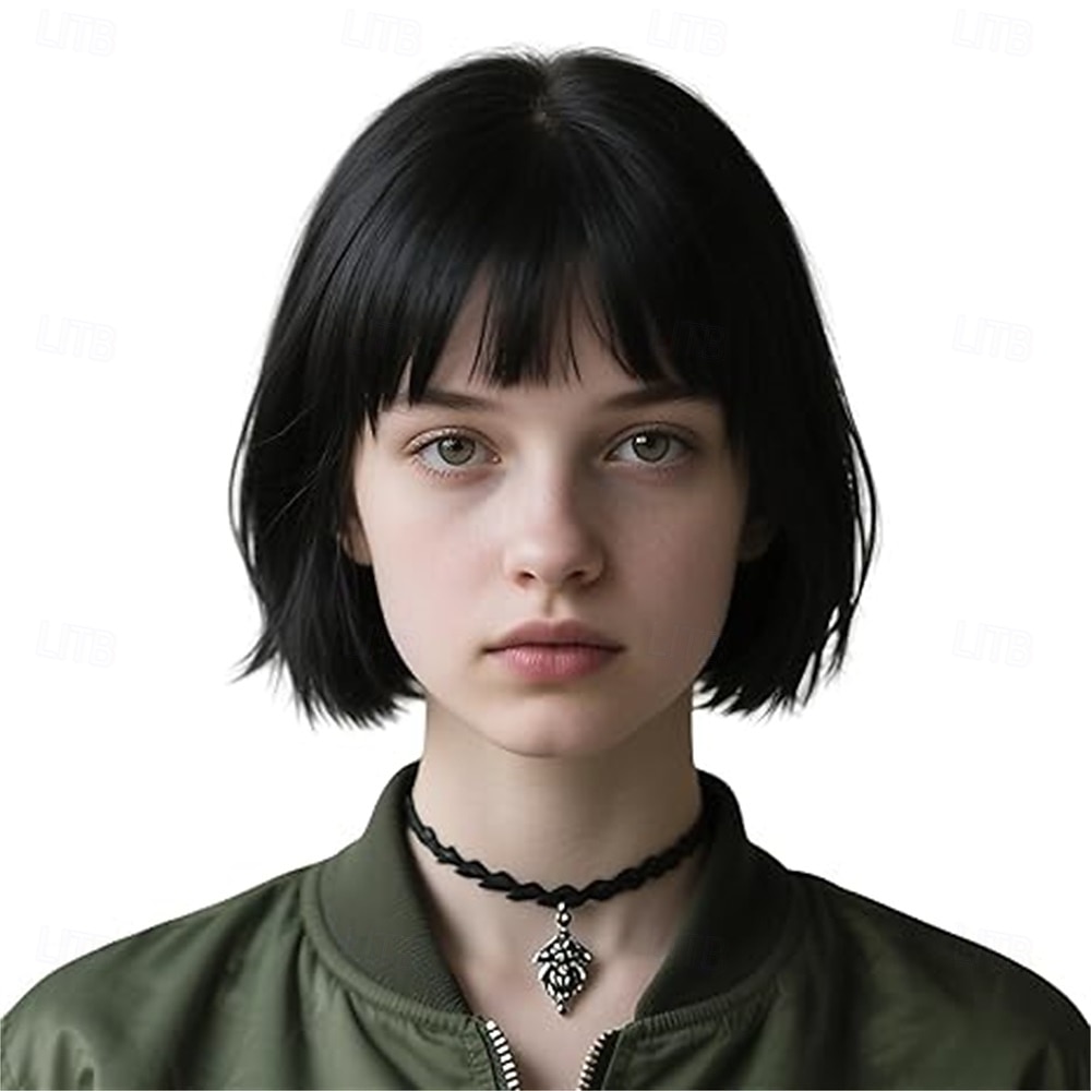 Peruca bob azul com franja curta de 12 polegadas, peruca reta para cosplay feminina, festa de halloween de 2026 por MXN $425.36 –P6