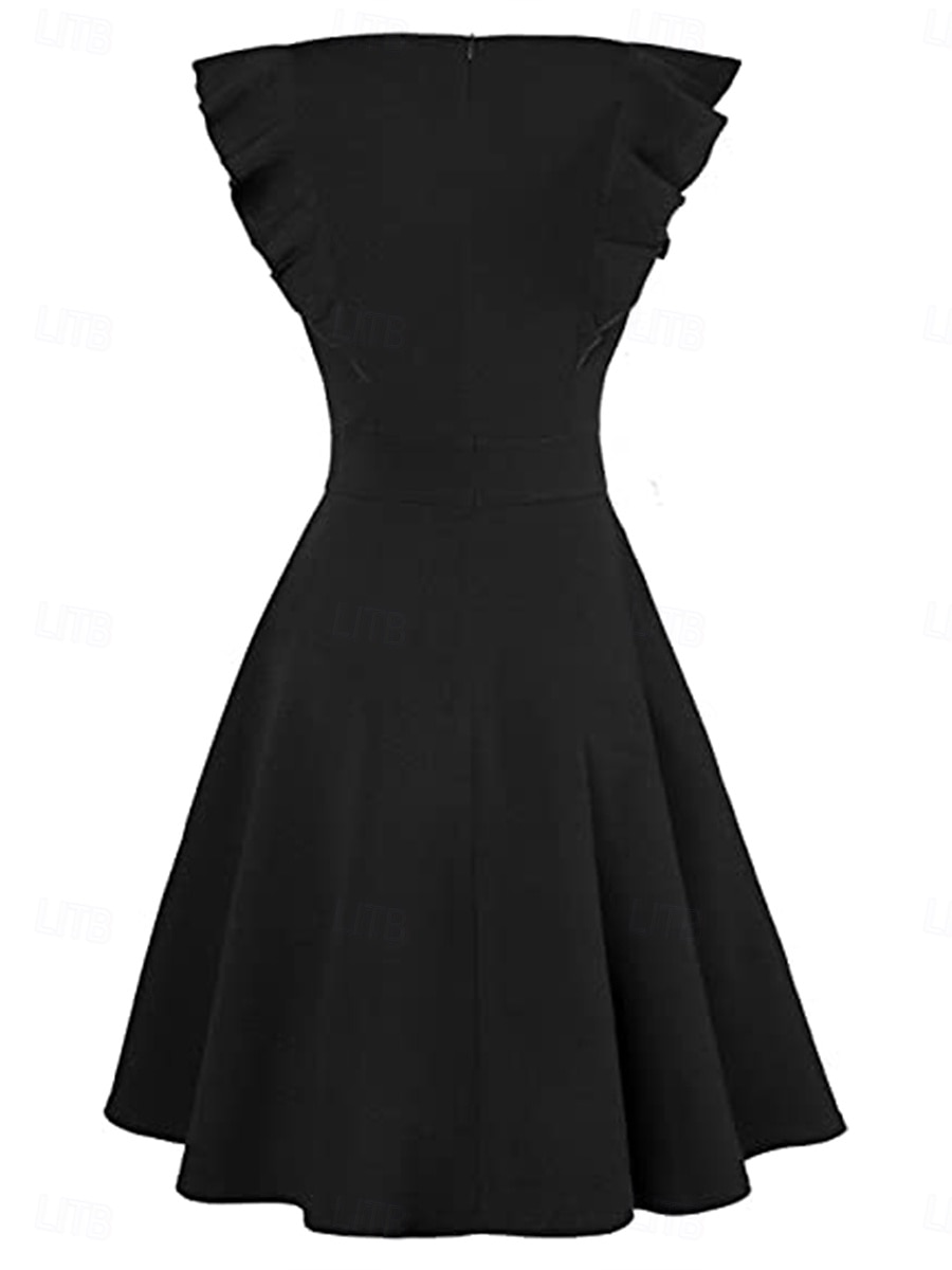 Femmes Robe Longueur Genou Robe à Volants Robe ajustée et évasée Élégant ancien Coupe régulière Uni Manche Courte Col ras du cou Noir Été Automne de 2025 ? $25.99 –P3