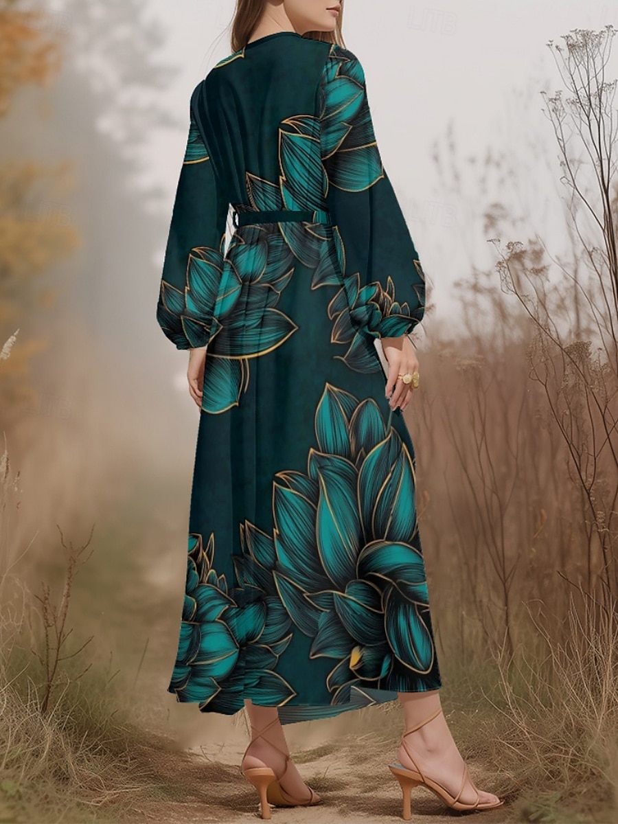 Pentru femei Rochii Midi Rochie casual Șifon Rochie leagăn Modern Vacanță Zilnic Sfârșit de săptămână Fit regulat Floral Frunză Manșon Lung În V Bleumarin Verde Închis Trifoi Albastru Închis Var 2025 - $31.99 –P10
