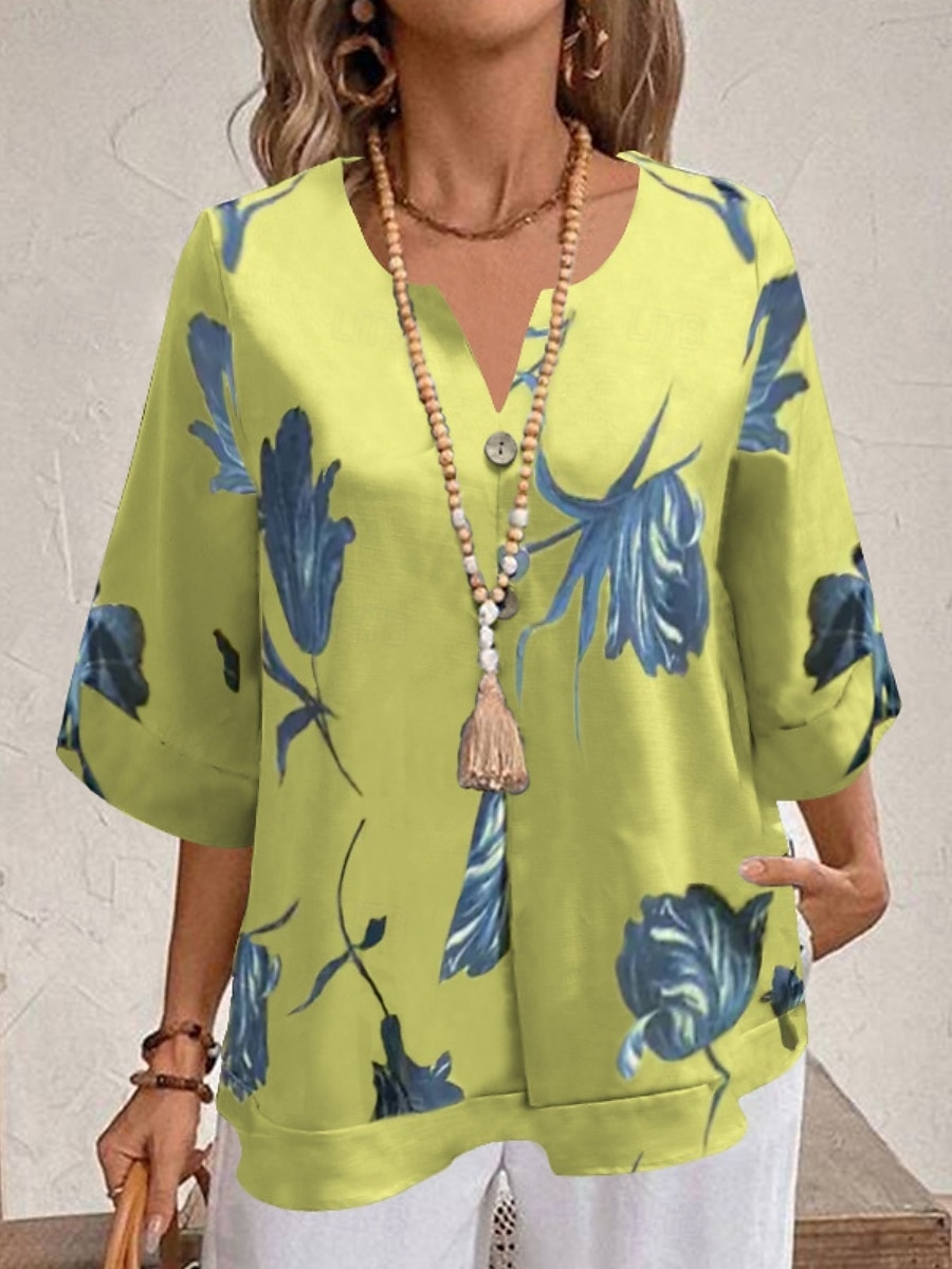 Femmes Chemise Fleuri Élégant Moderne Manche 3/4 Col en V Hauts Réguliers Quotidien Fête Imprimé Blanche Jaune Rouge Violet Bleu clair Été de 2025 ? $23.99 –P4