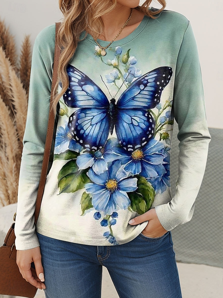 Pentru femei Tricou Floral Grafic Fluture Epocă Stilat Clasic Manșon Lung Stil Nautic Topuri obișnuite Zilnic Sfârșit de săptămână Imprimeu Trifoi Primăvară Toamnă 2025 - $22.99 –P1