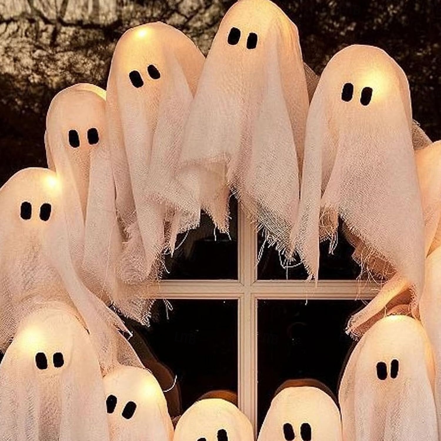 halloweeni szellemkoszorú, 12 LED-es világító fehér szellemkoszorú, kísérteties beltéri &kültéri függő dekoráció bejárati ajtóra, falra, partira, elemes halloweeni dekoráció, ünnepi hátborzongató 2025 - $25.33 –P3