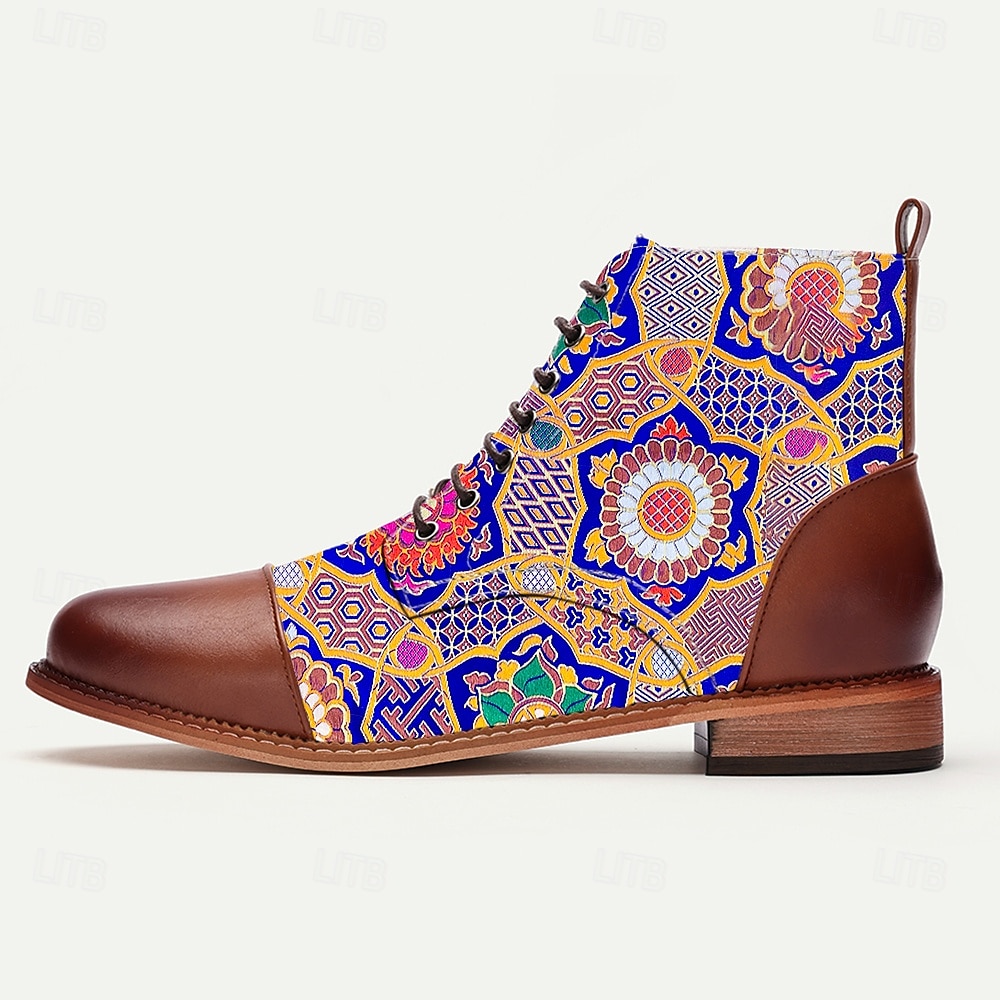 Botas masculinas coloridas de tecido jacquard com cadarço e mandala – botins de estilo étnico artístico para viagens, looks casuais e eventos culturais de 2025 por $54.99 –P2