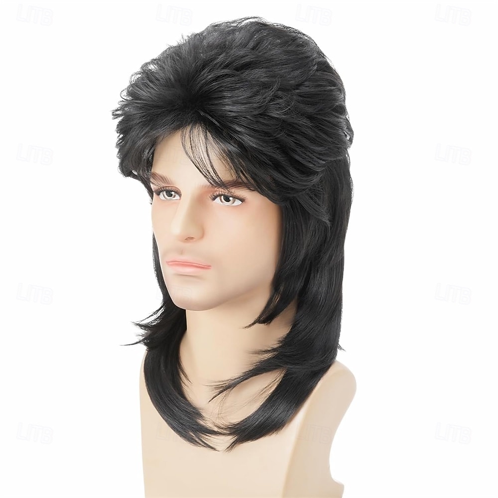 Mullet-peruukki musta 80-luvun miesten peruukki punk rocker hiukset juhlat päivittäin halloween-asut pitkät peruukit 2026 - $21.99 –P2