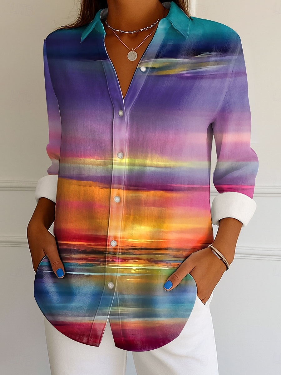 Dames Overhemd Ombre Grafisch Elegant Vintage Tropisch Lange mouw Overhemdkraag Normale tops Werk Dagelijks Knop Afdrukken Geel Blozend Roze blauw Paars Zomer Lente 2025 - $32.99 –P2