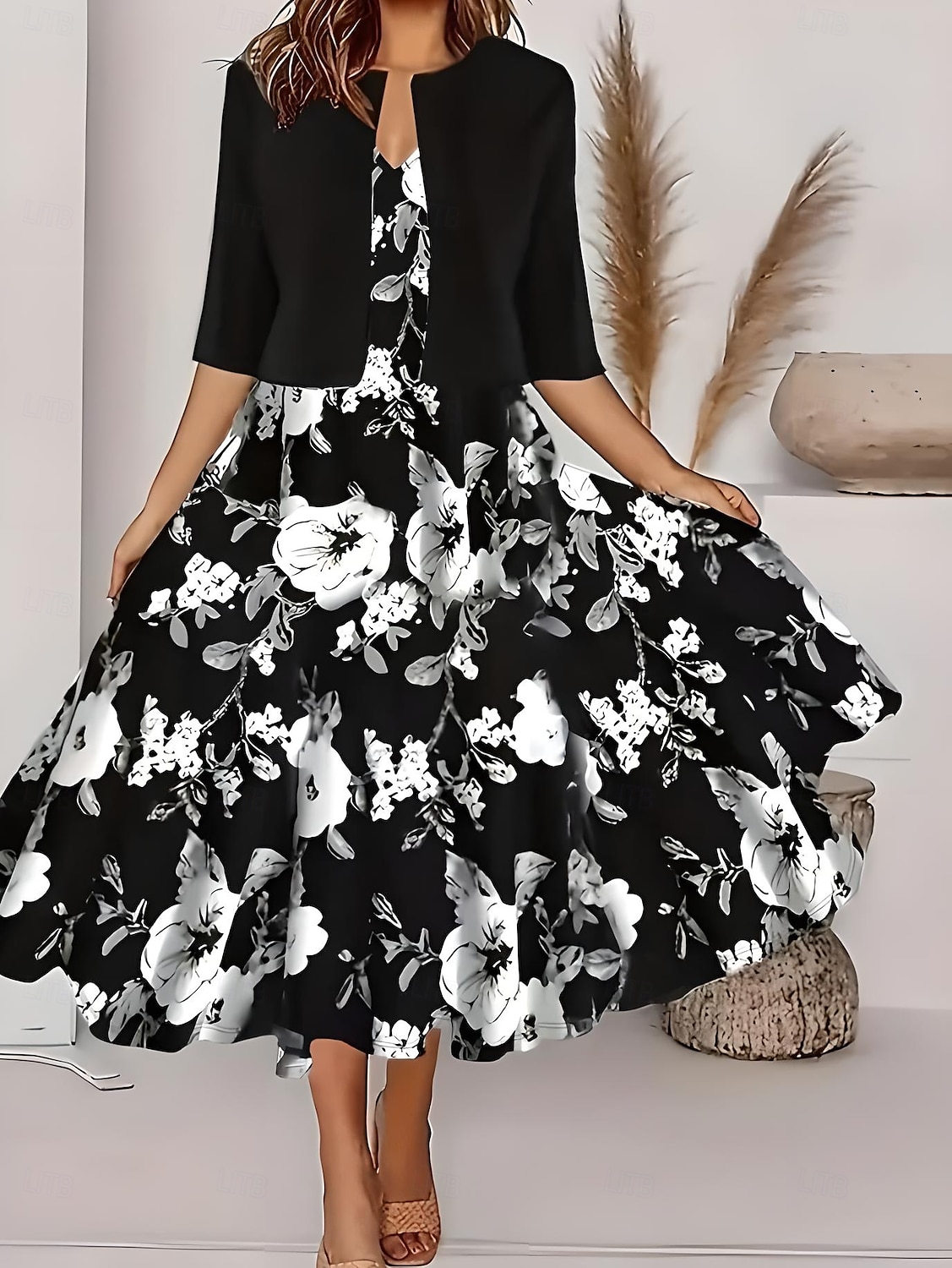 Ensemble de robes pour femmes en deux pièces robe midi avec veste élégante robe en A manches mi-longues robe décontractée semi-formelle imprimé floral ombragé encolure en V rendez-vous noire bleue de 2025 ? $36.99 –P1
