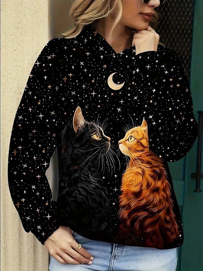 Femmes Sweat à capuche Graphique Animal Chat ancien Mode Western manche longue À capuche Hauts Réguliers Rue Tenue Quotidienne Fête Imprimé Poche Avant Noir Automne Hiver de 2025 ? $24.99 –P3