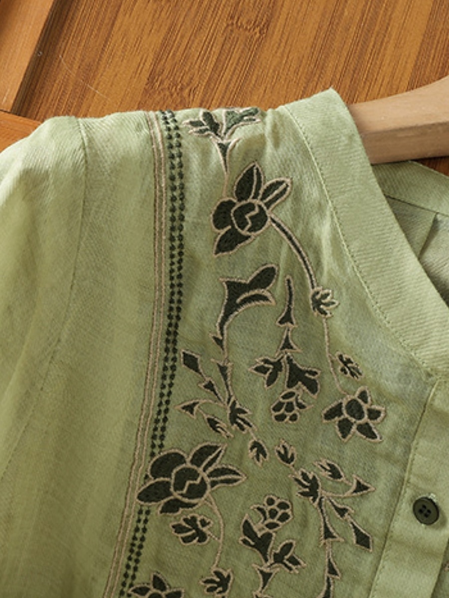 Femmes Chemises en coton et lin Fleuri Bohème Occasionnel Manche 3/4 Col ras du cou Hauts Réguliers Quotidien Broderie Vert Abricot Été Printemps Automne de 2025 ? $34.99 –P11