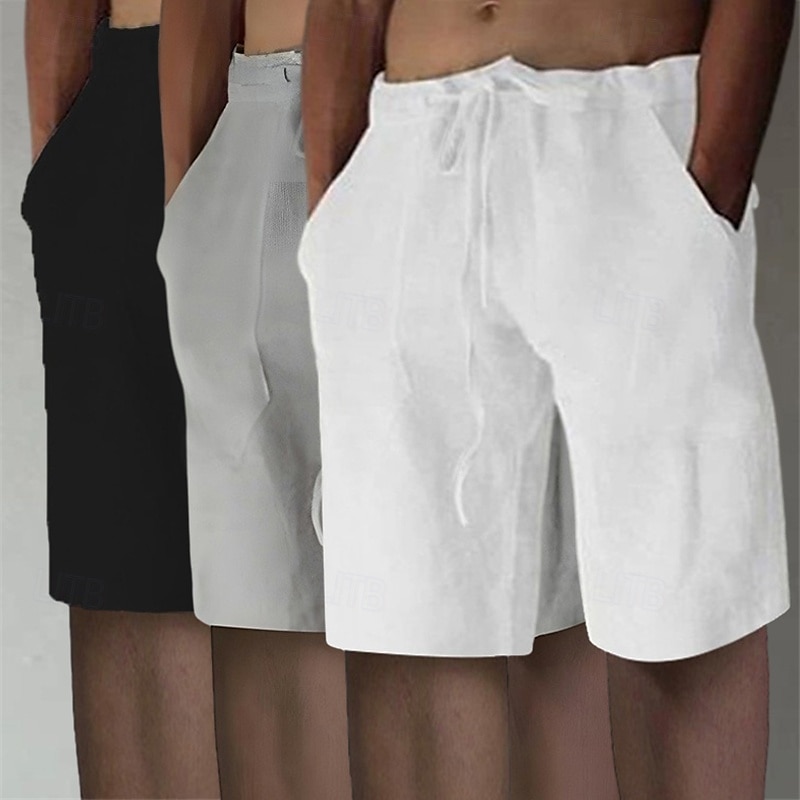 Men's Shorts Linen Shorts Summer Shorts Beach Shorts Elastic Waist Drawstring Front Pocket Plain Comfort Soft Knee Length Casual Daily Vacation Fashion White+Black+Gray black+khaki+blue Inelastic 2025 - $25.99 –P6