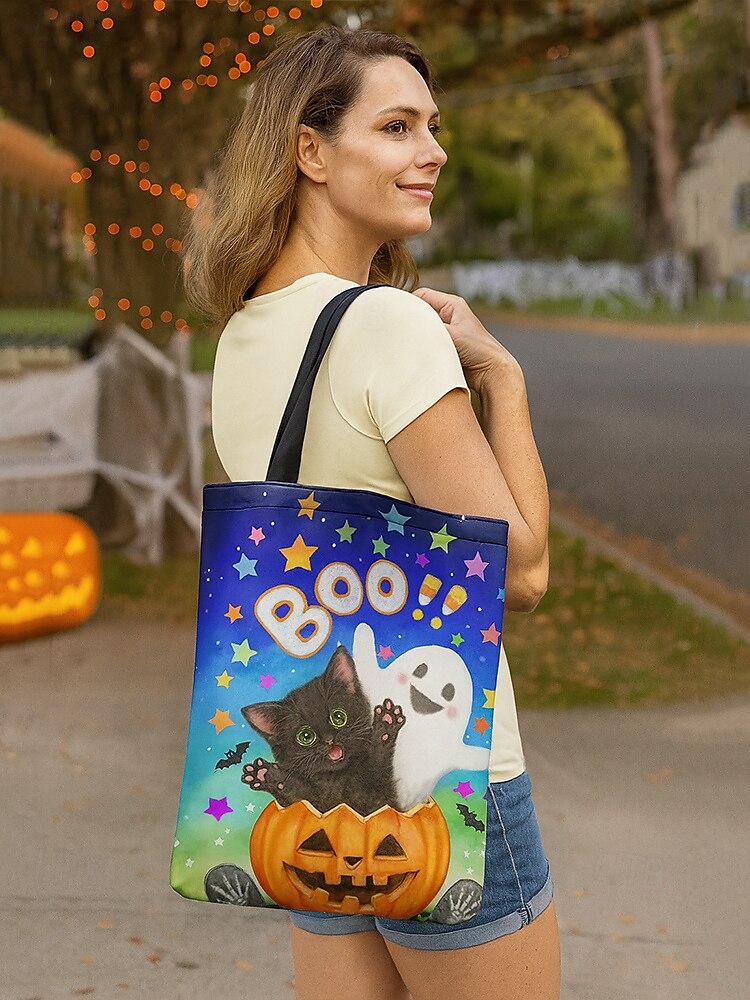 Halloween-Tragetasche für Damen mit süßem Katzenaufdruck von Kayomi Harai, große Canvas-Umhängetasche für Süßes oder Saures und Partys 2025 - $14.99 –P3