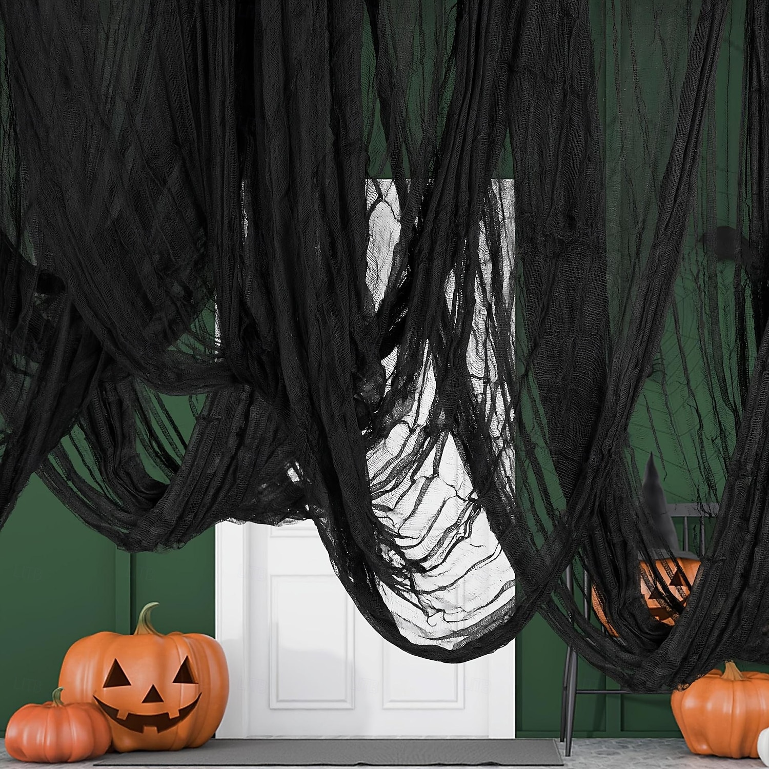 Tenda in garza nera spettrale da 1 pezzo per Halloween, perfetta per decorazioni di case infestate, discoteche e stanze di fuga, tessuto in poliestere, decorazioni di Halloween, contenitore del 2025 a $7.99 –P7