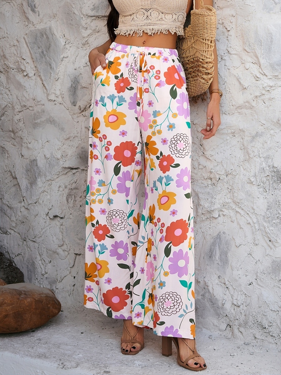 Femmes Jambe large Chinos Vacances ancien Mode Longueur complète Taille haute Fleuri Ceinture Élastique Impression Confortable Doux Micro-Élastique Extérieur Vacances Rue Blanche Jaune Rose Claire de 2025 ? $29.99 –P5