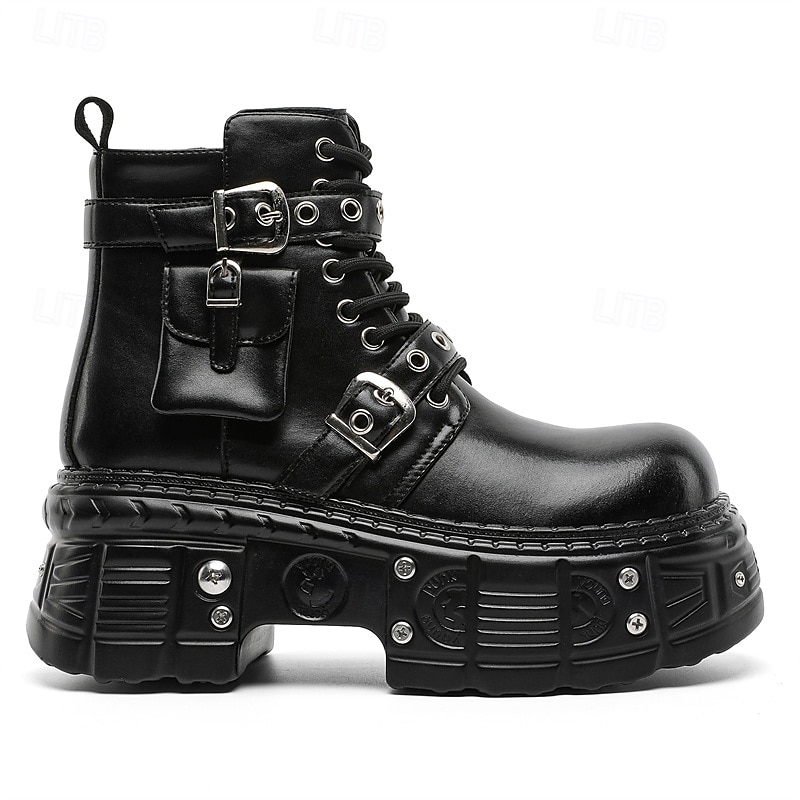 stivali da combattimento con fibbia a rivetto nera da uomo – stivaletti allacciati con plateau gotico per concerti, stile motociclista ed eventi punk del 2026 a $99.99 –P4