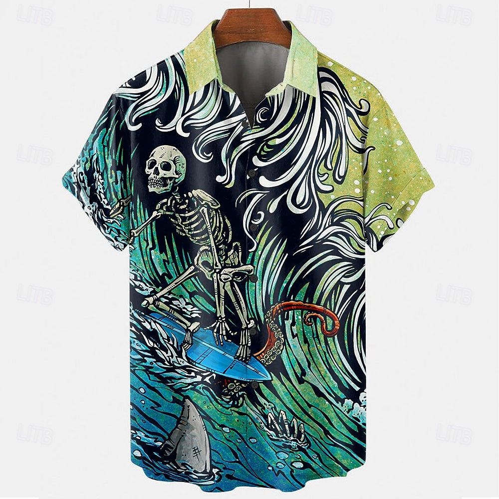 Chemise boutonnée à manches courtes pour homme avec têtes de mort « Lever un verre » par David Lozeau, édition limitée de 2025 ? $23.99 –P6